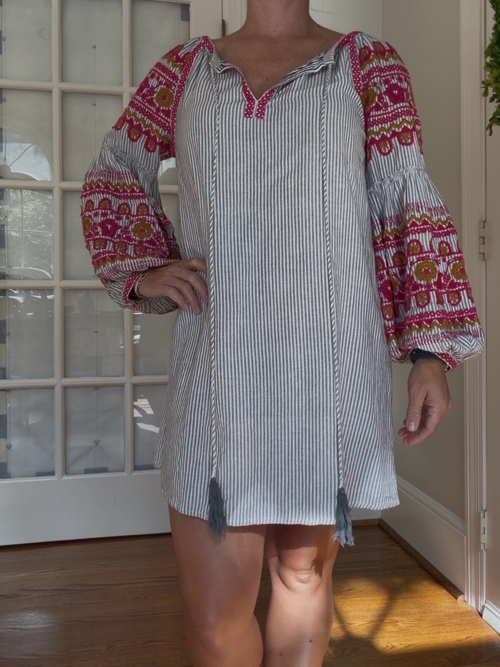 Boho Embroidered Stripe Tunic Dress in White and Pink